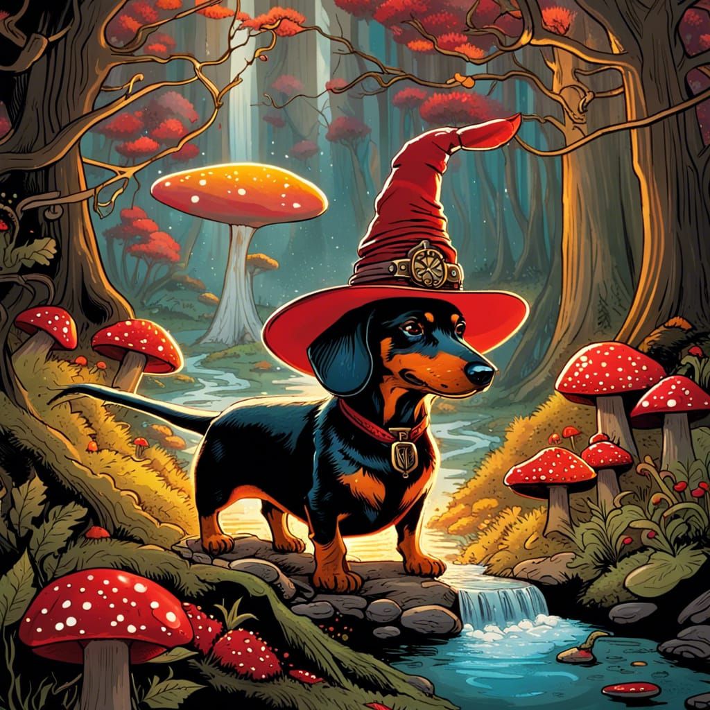 Cottagecore Dachshund Wizard in Autumn Forest