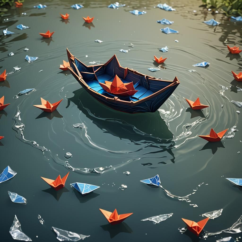 Realistic Origami Paper Boat in Water: Matte Painting
