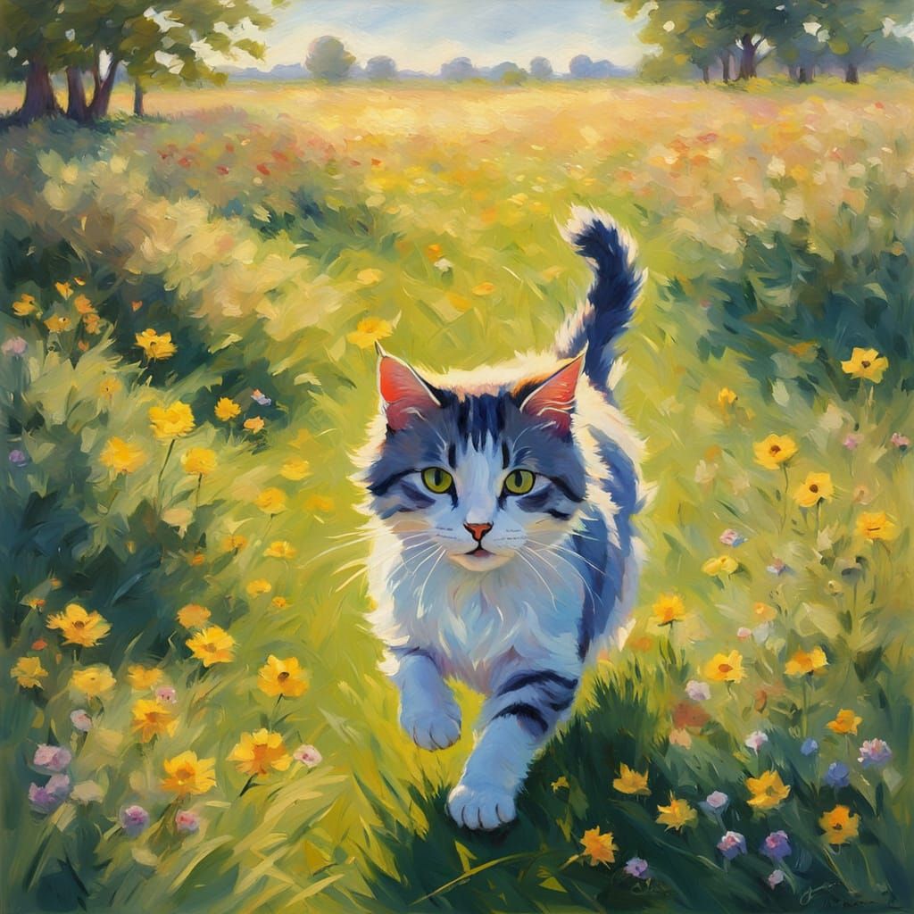 Whimsical Impressionist Cat in a Sunlit Meadow
