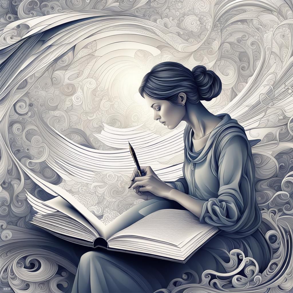 Woman Writing Book in Abstract Vector Fractal Style