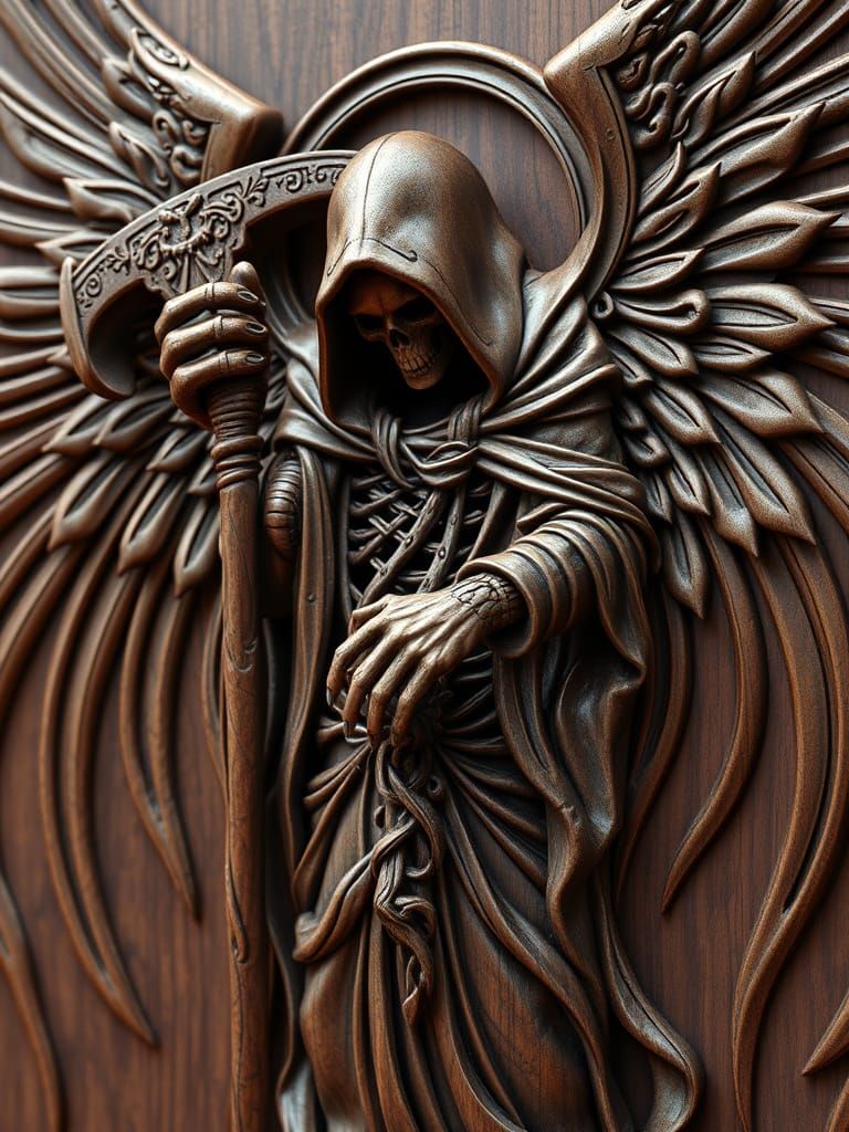 The Grim Reaper as Elaborate Wood Carving in Dark, Detailed ...
