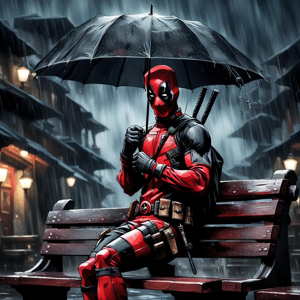 Deadpool Siting on a bench in the Rain