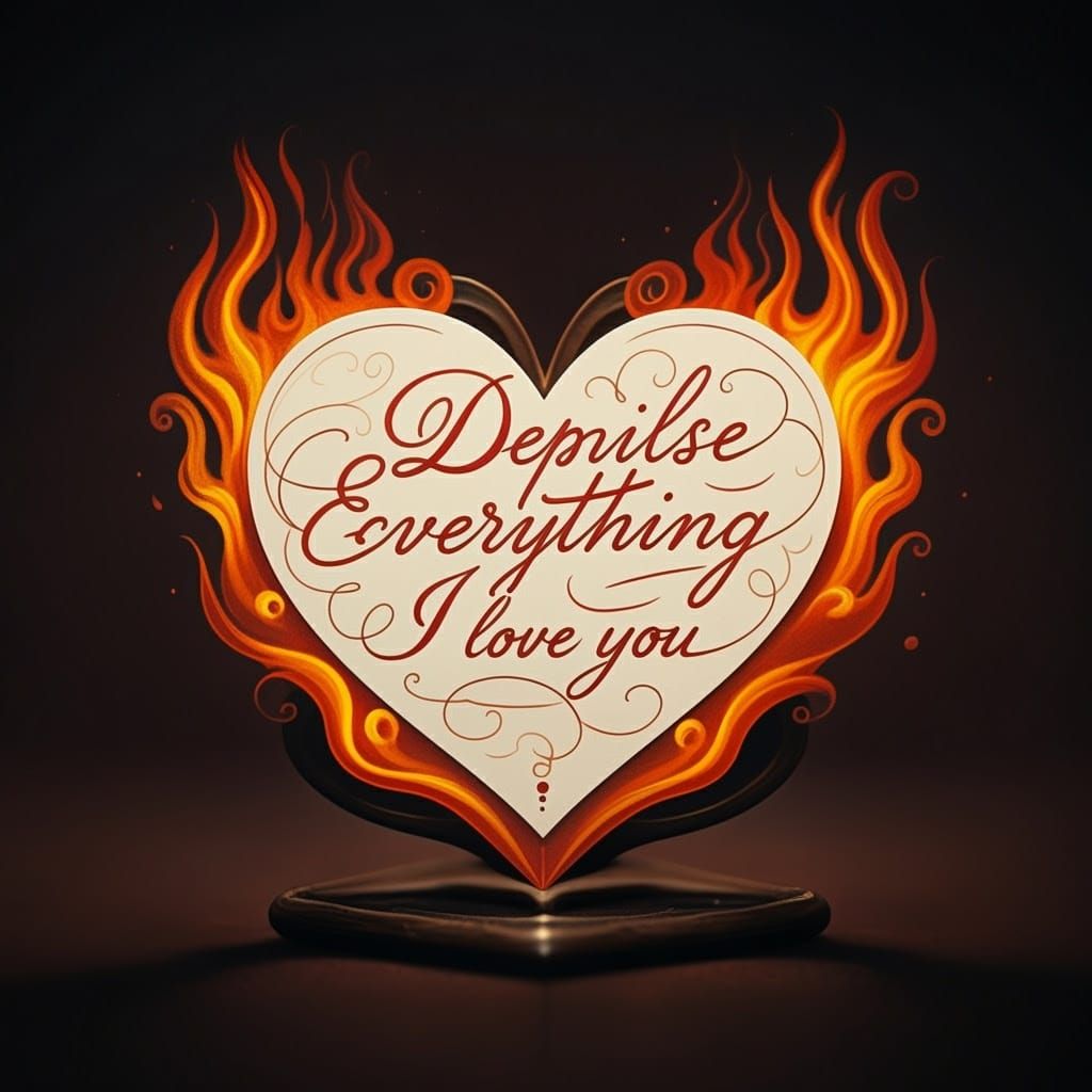 Romantic Heart Card in Elegant Script with Dancing Flames