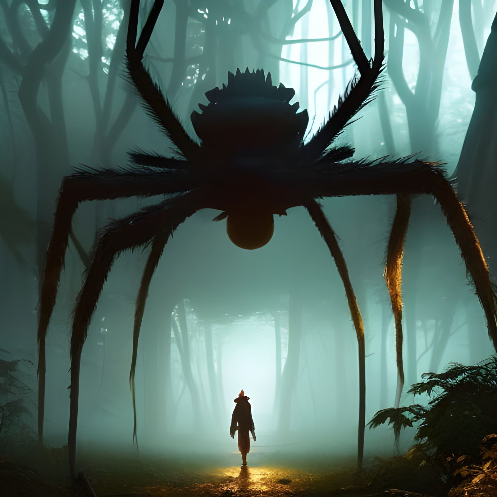 Eerie Spider in Dark Fantasy Forest