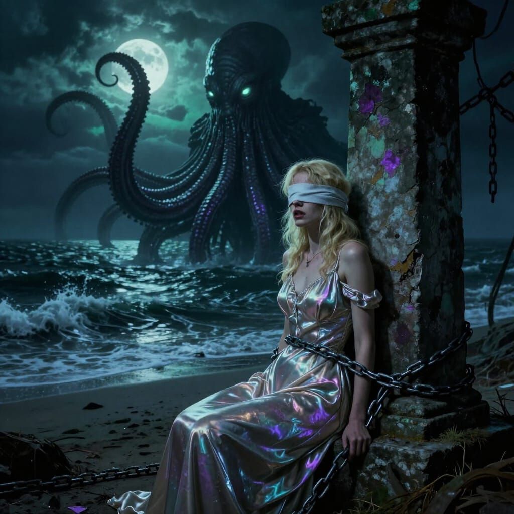 Gothic Fantasy Art: Woman Chained Before Cthulhu