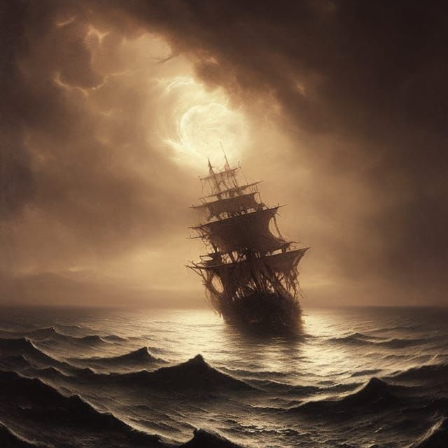 Pirate Ship on Stormy Sea in Gothic Horror Style