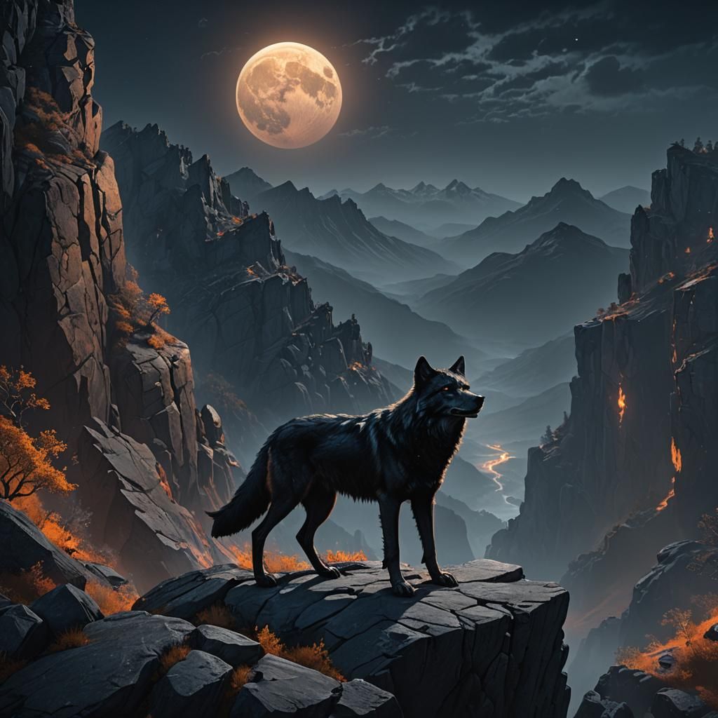 Black Wolf Howling at Moon in Dark Fantasy Style