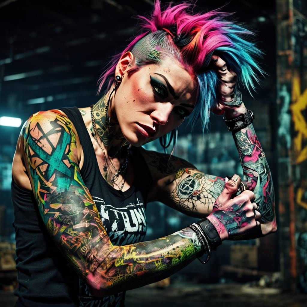 Punk Girl Flexes Bicep in Warehouse, Grunge Digital Art