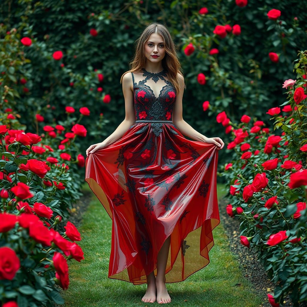 Woman in Red and Black Latex Dress in Garden