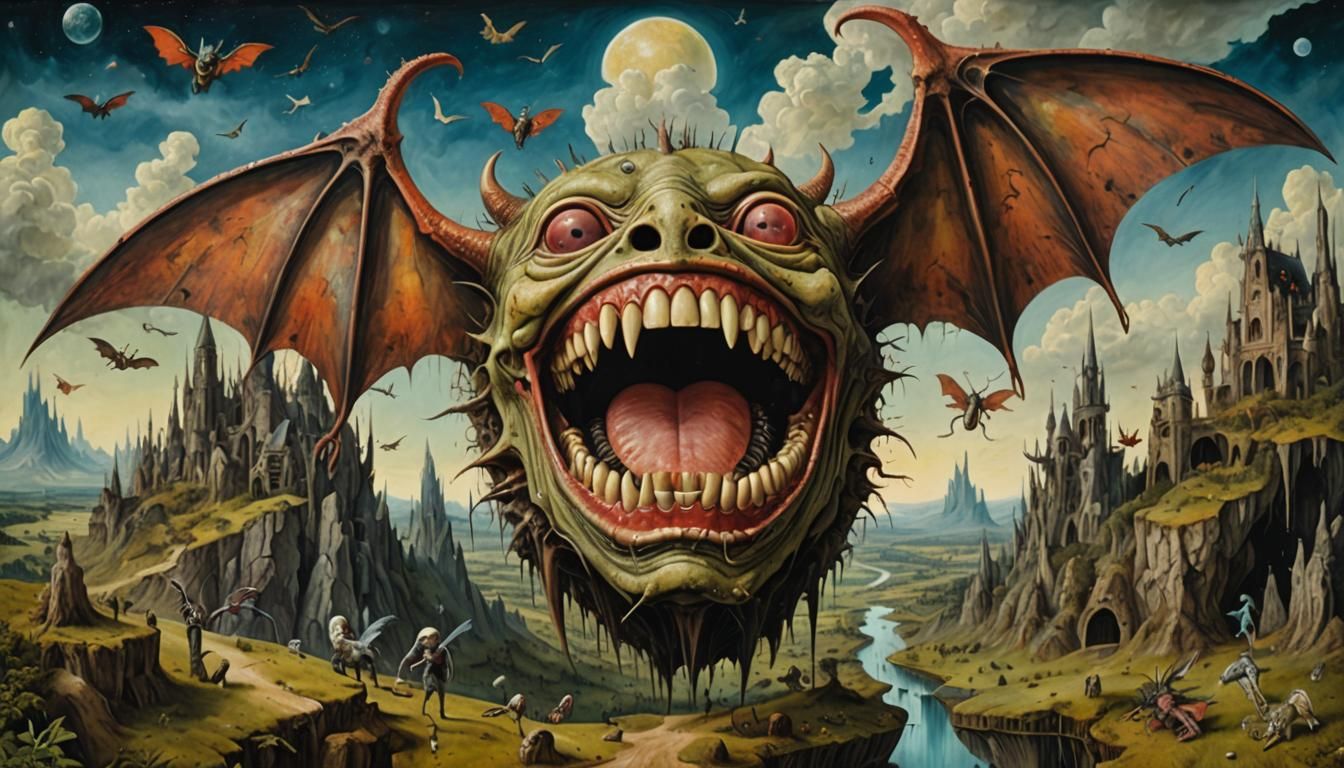 Ethereal Hieronymus Bosch Landscape with Giant Batwinged Den...
