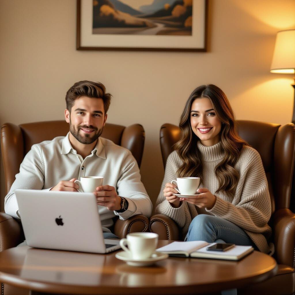 Cozy Cinematic Scene: Couple Enjoying Tea with Technology