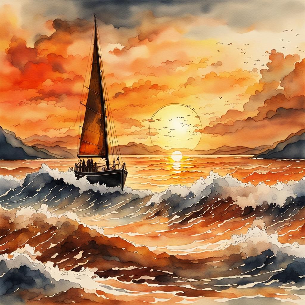 Sailboat at Sunset: Watercolor and Ink Painting