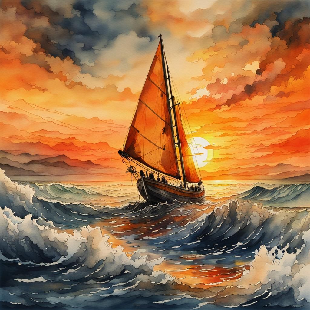 Sailboat at Sunset: Watercolor and Ink Painting