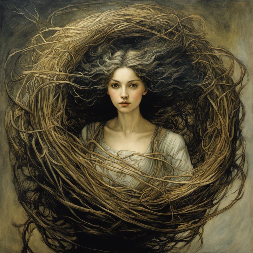 Entangled Girl in Organic Crosshatch Style