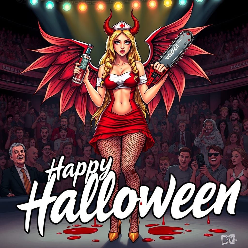 Cartoon like 
Stunning blonde temptress with long blonde braids devil horns and wings holding vodka wearing Gucci and go...