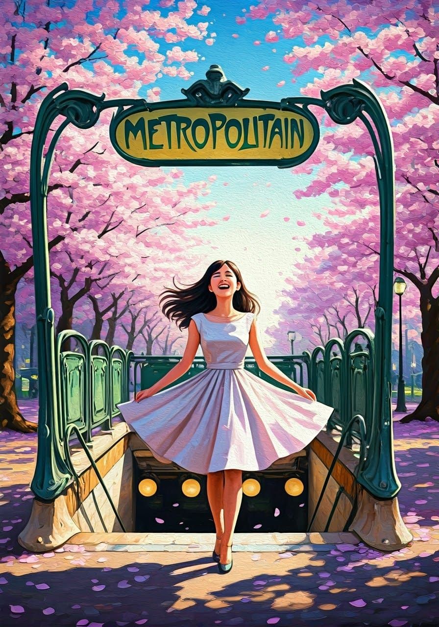 Japanese Woman's Joyful Dance Beneath Paris Sakura, Impressi...