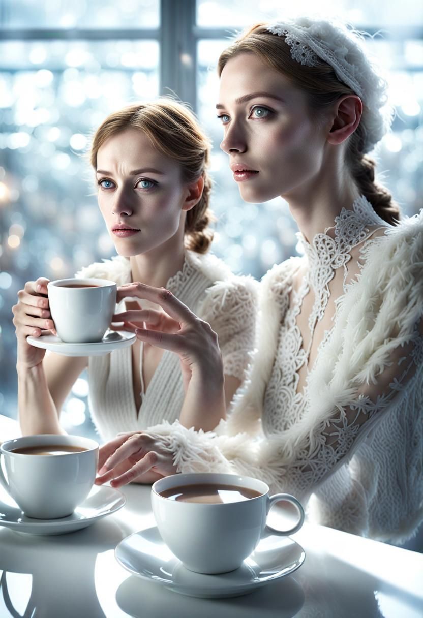 Beautiful Alien Woman Having Tea, Photorealistic Portrait