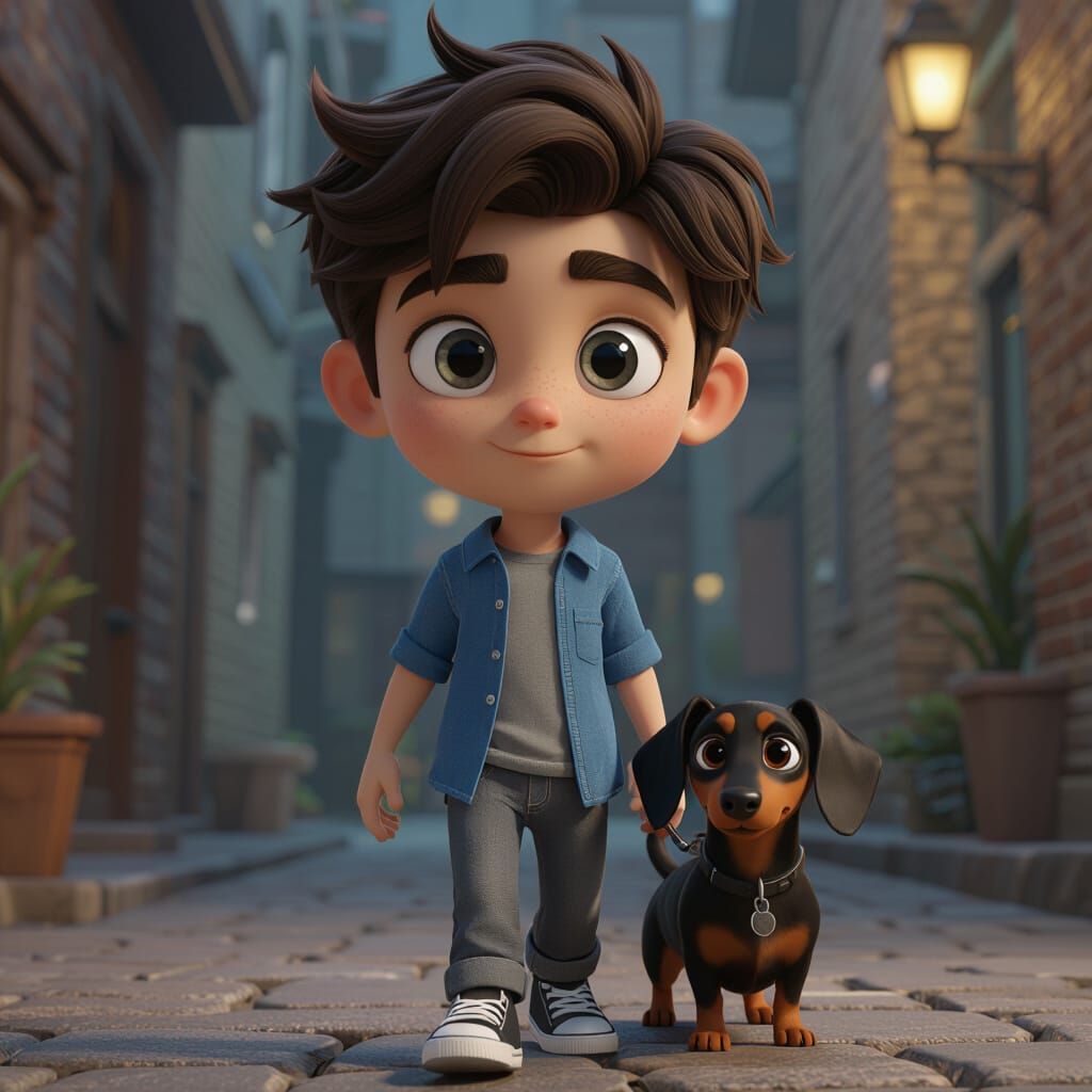 Teenage Boy Walking Dog, Detailed Matte Painting
