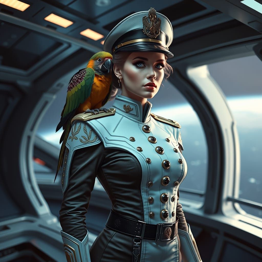 Space Admiral with Parrot on Spaceship Bridge