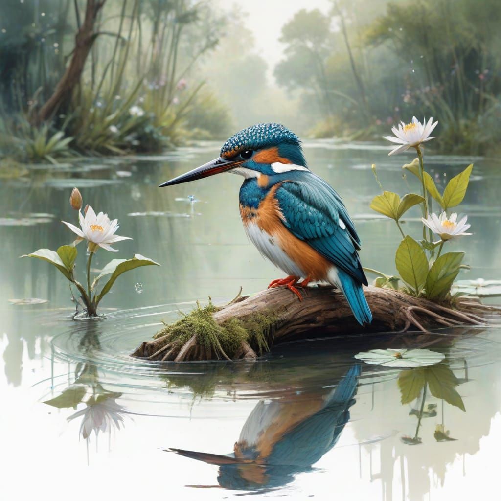 Surreal Watercolor Kingfisher Perched on Lilypond Branch