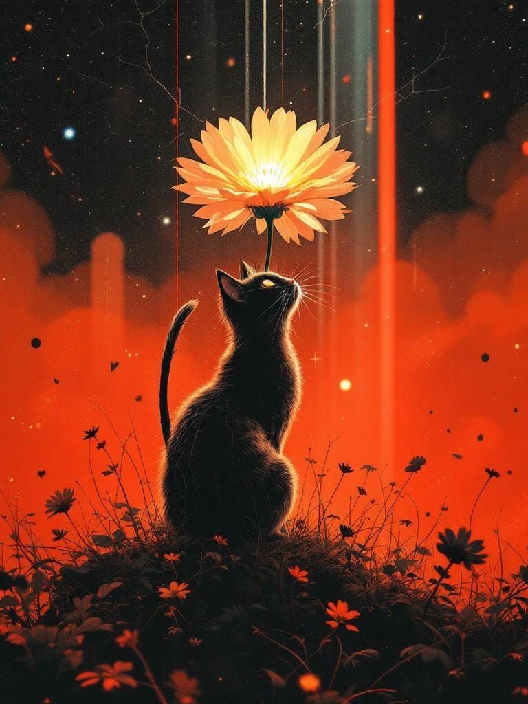 Cat Under Flower: Digital Painting with Atmospheric Effects