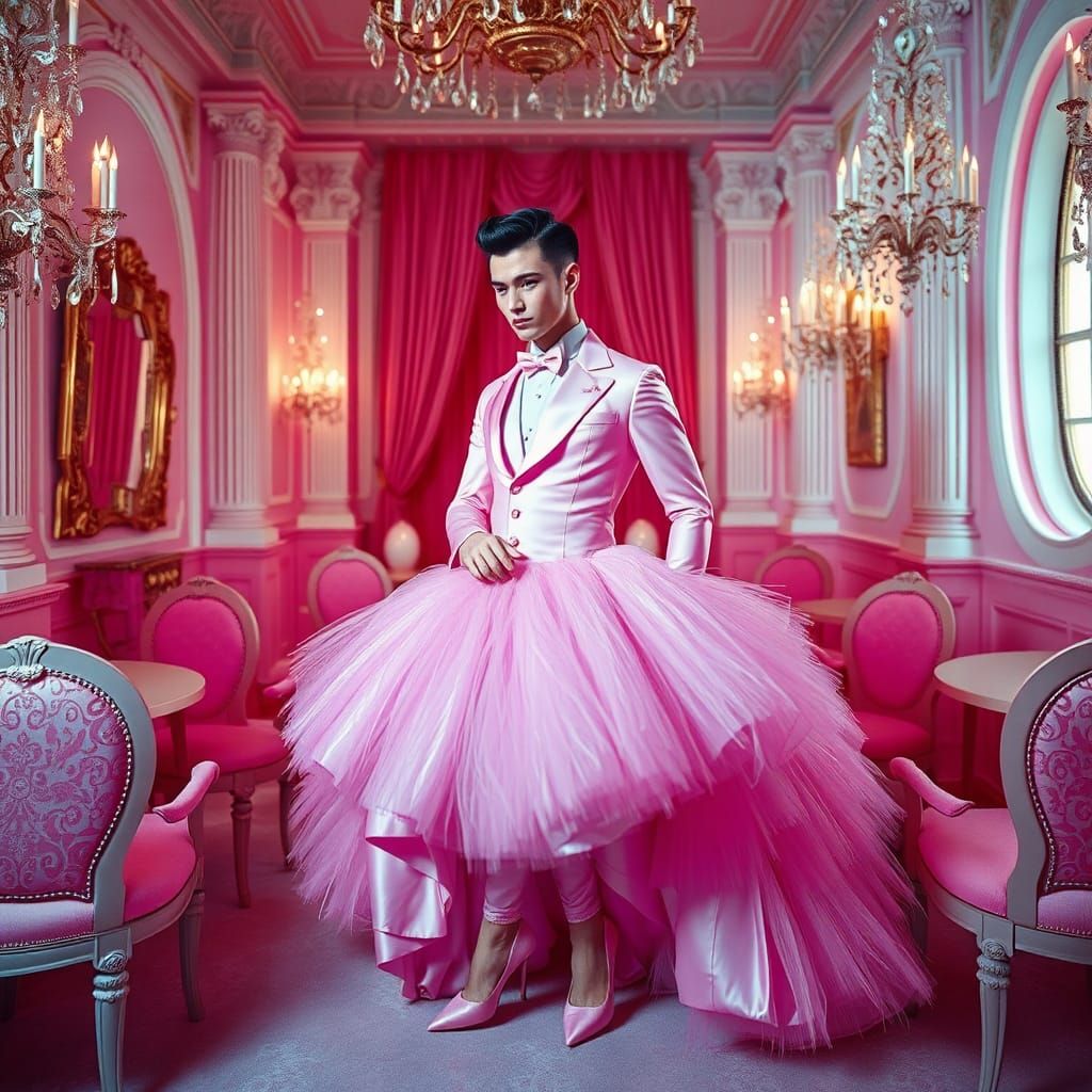Man in Barbie Gown: Hyperrealistic High-Fashion Drama