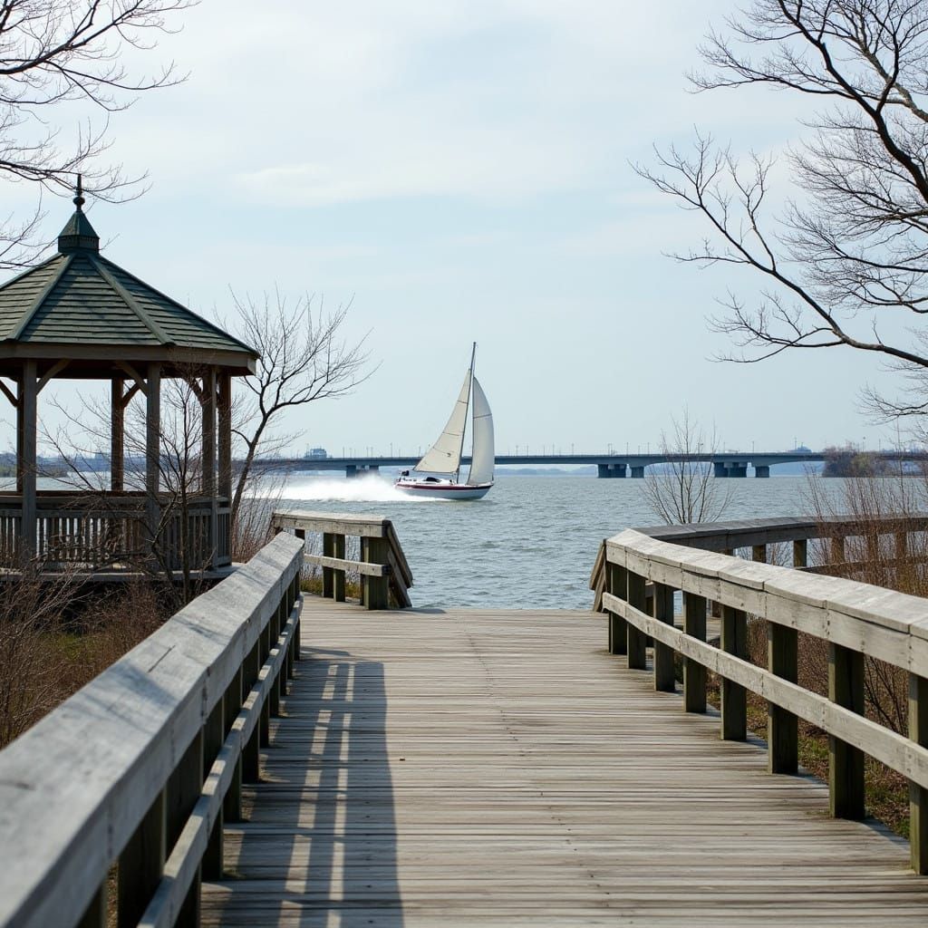 Surreal Boardwalk Scene in Solomons, Maryland, in a Vibrant....