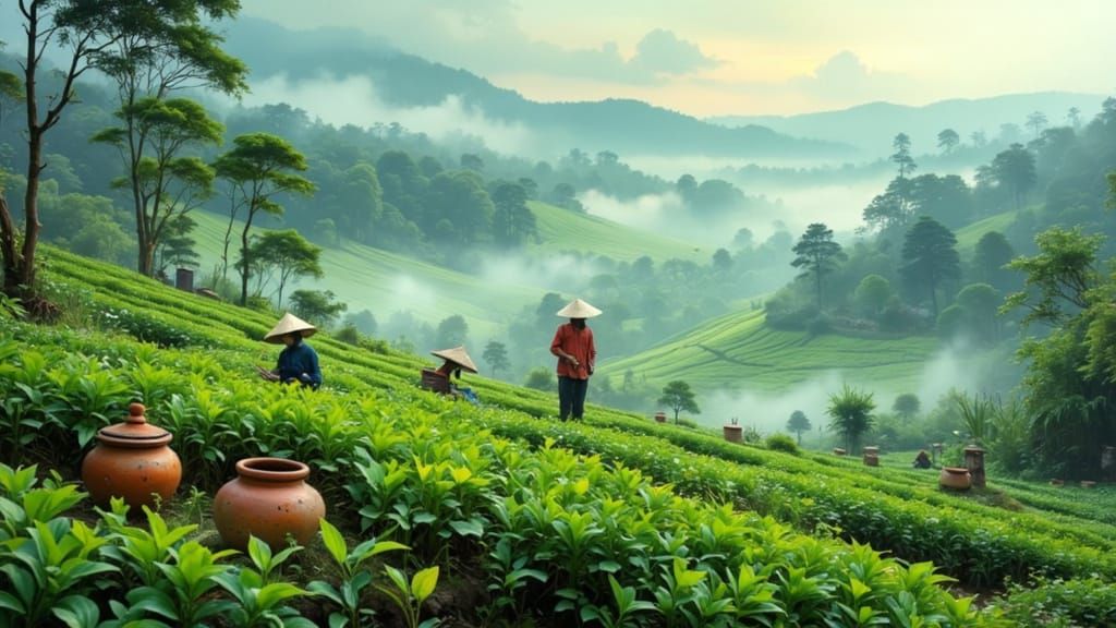 Emerald Tea Plantations in Vietnam with Ceramic Pots