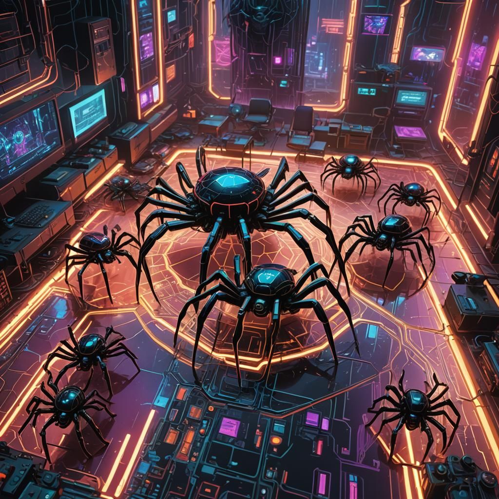 Cyberpunk Computer Spiders Convention in Art Deco Style
