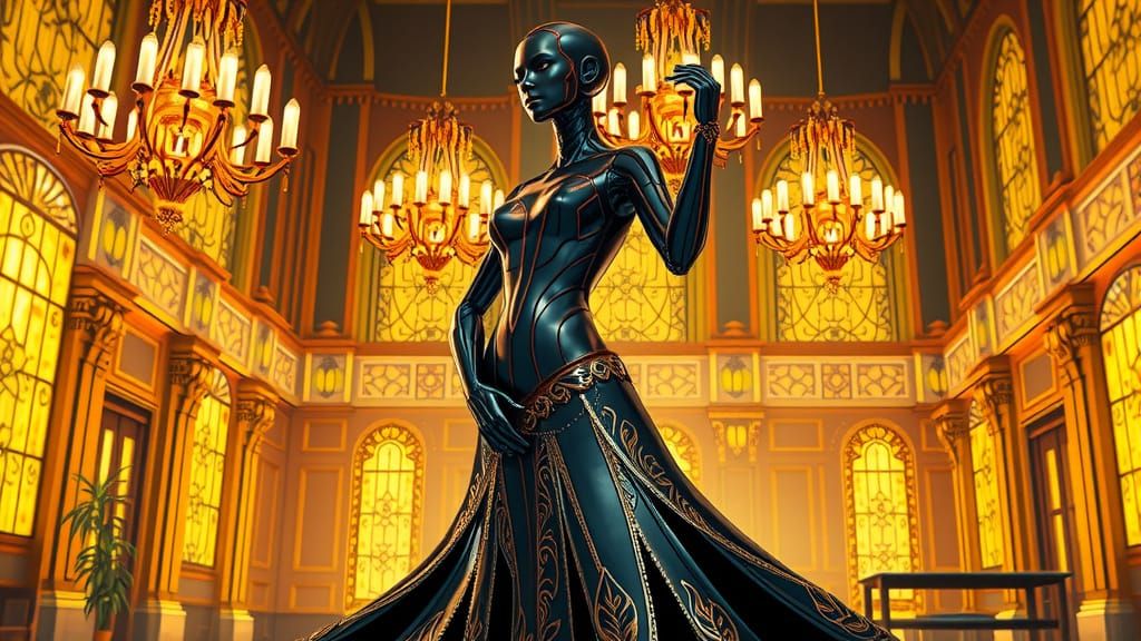 Elegant Robot Dancing in Art Deco Ballroom