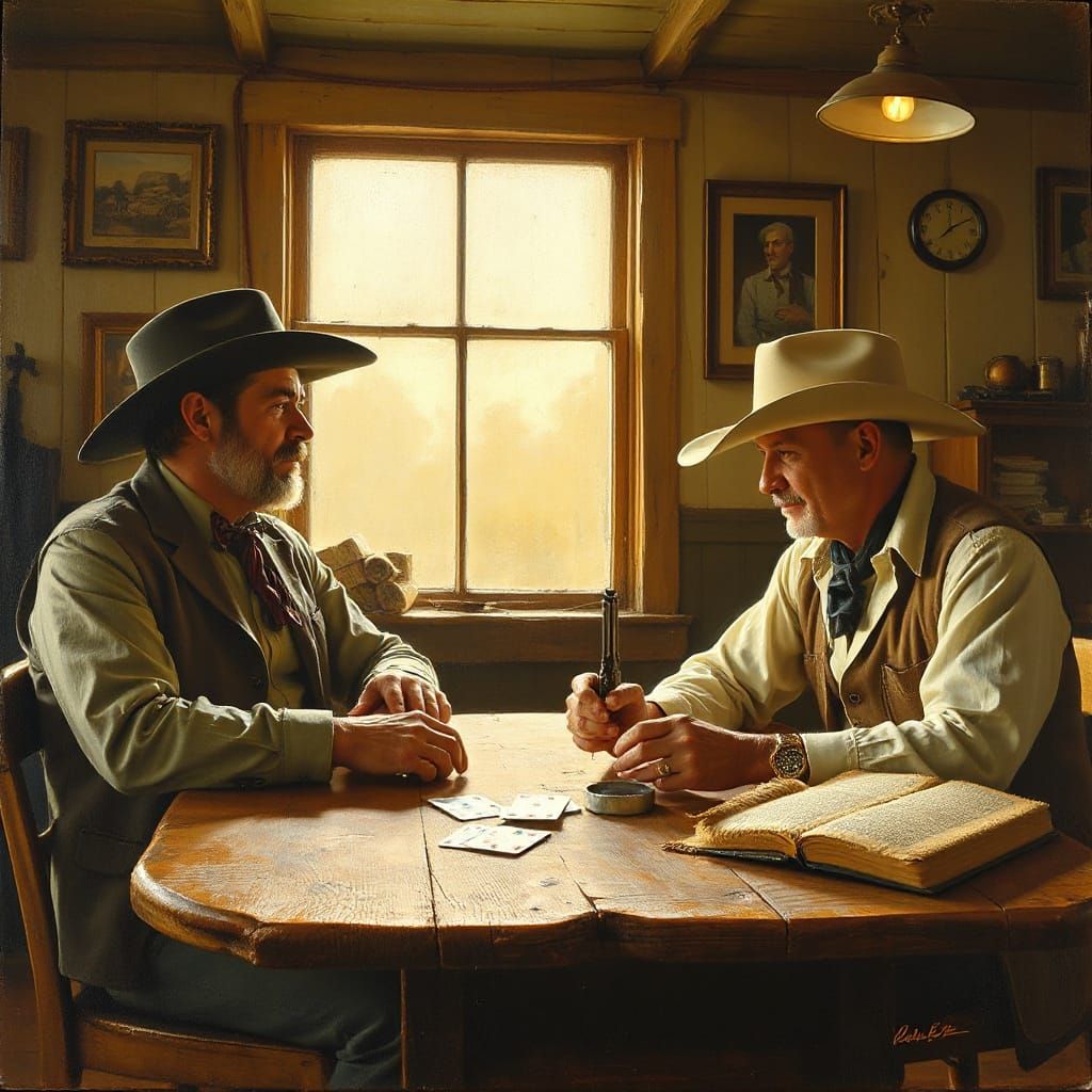 Preacher Gambles Bible for Colt in Dusty Saloon