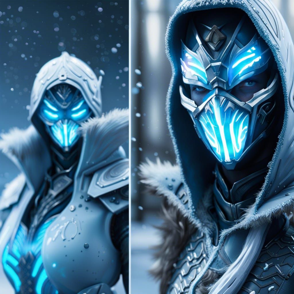 Mortal Kombat Frost, cyberpunk, outdoor, street, ice blue, hyperrealism, photorealistic, 8k, unreal engine, 3d render --...