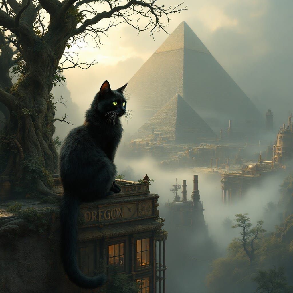 Majestic Black Cat Reigns Over a Dreamlike Steampunk World