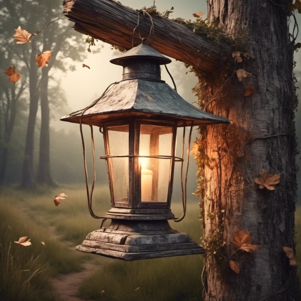 Flickering Lantern on Old Wooden Post
