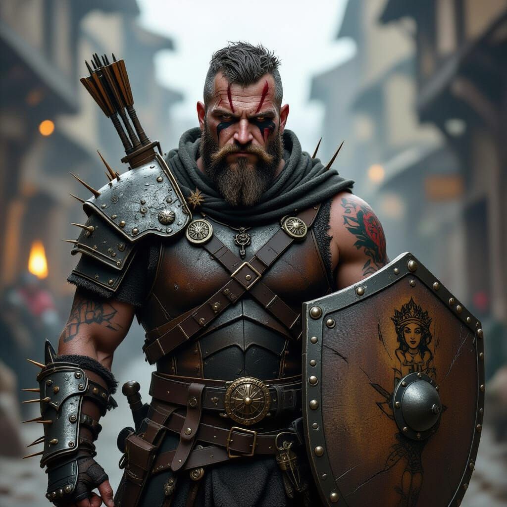 Grimdark Mercenary With Steampunk Arm and Glowing Crossbow