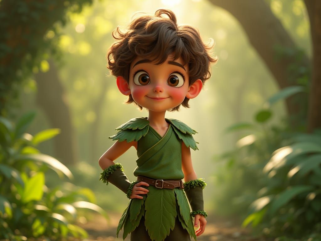 Young Boy in Lush Green Attire with Leafy Details