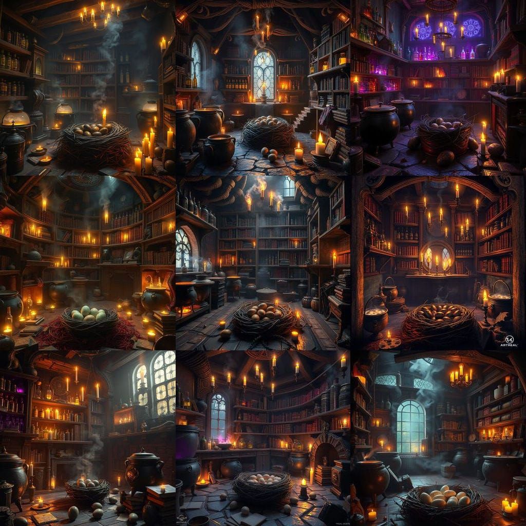 Dark Fantasy Realm with Dragons Eggs and Cauldrons