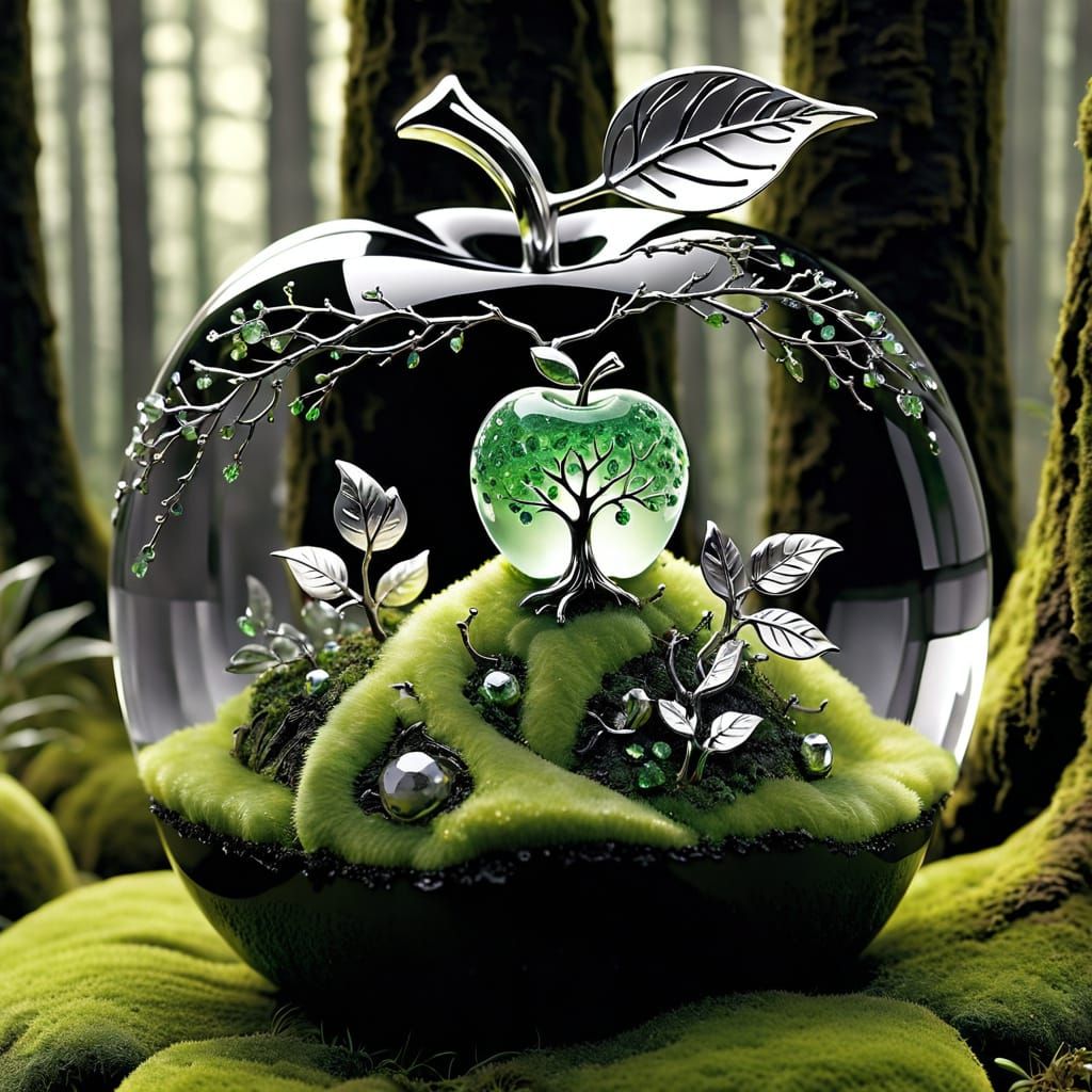 Crystal Apple Shines in Dark Forest, Miniature Orchard Withi...