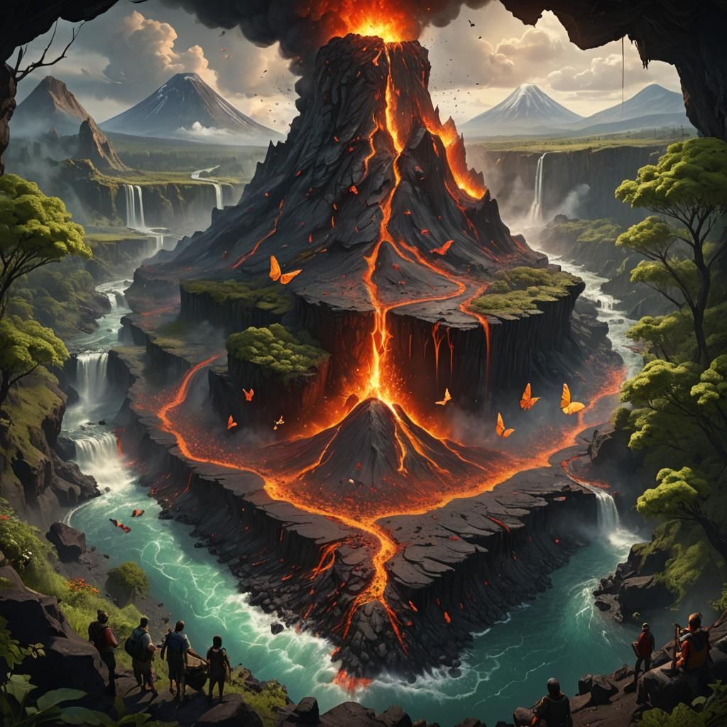 Volcano Eruption Turns to Butterflies, Dark Fantasy Art
