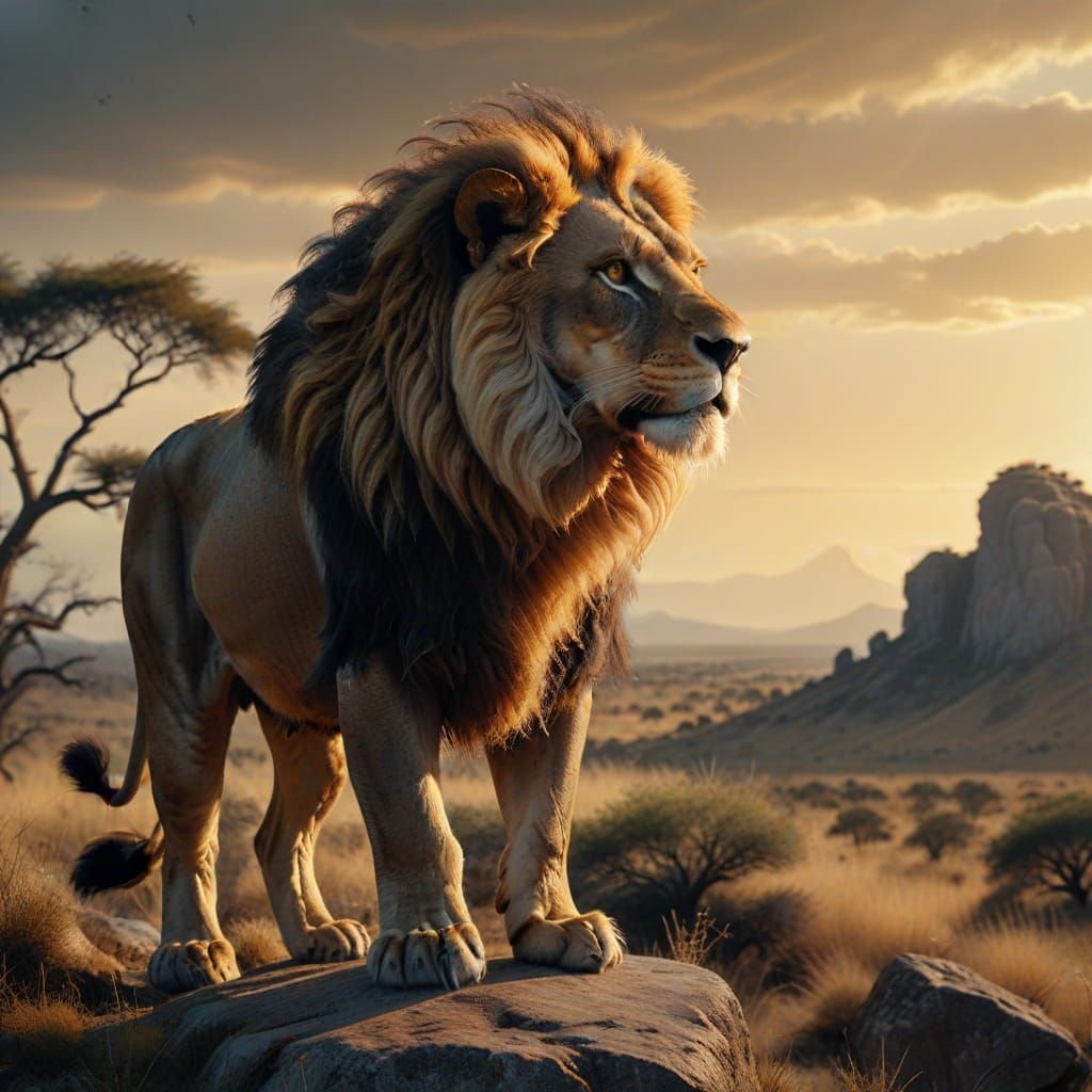 Majestic Lion Overlooking Savanna as Oil Painting
