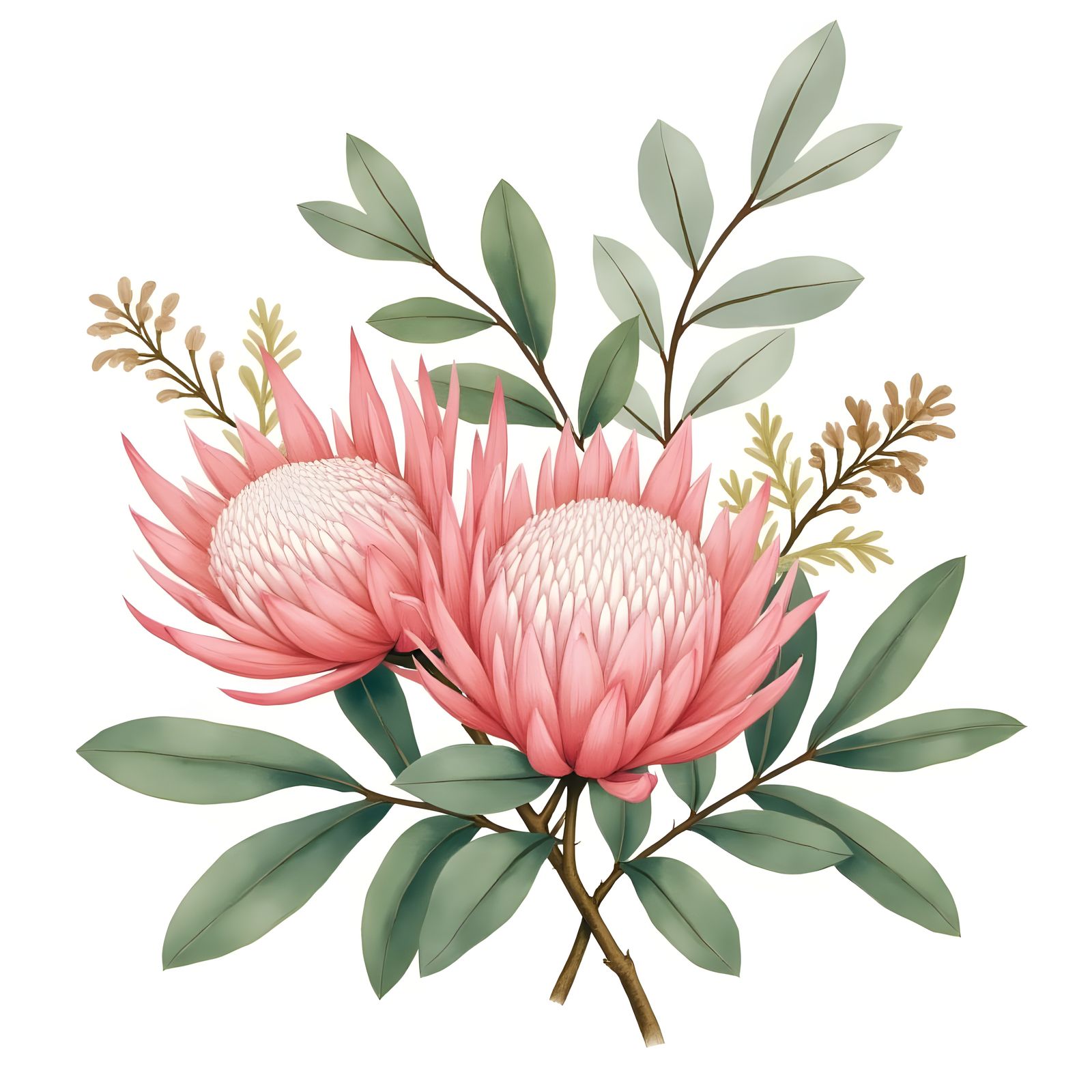 Australian Native Blooms with Eucalypt Foliage in Vibrant Hu...