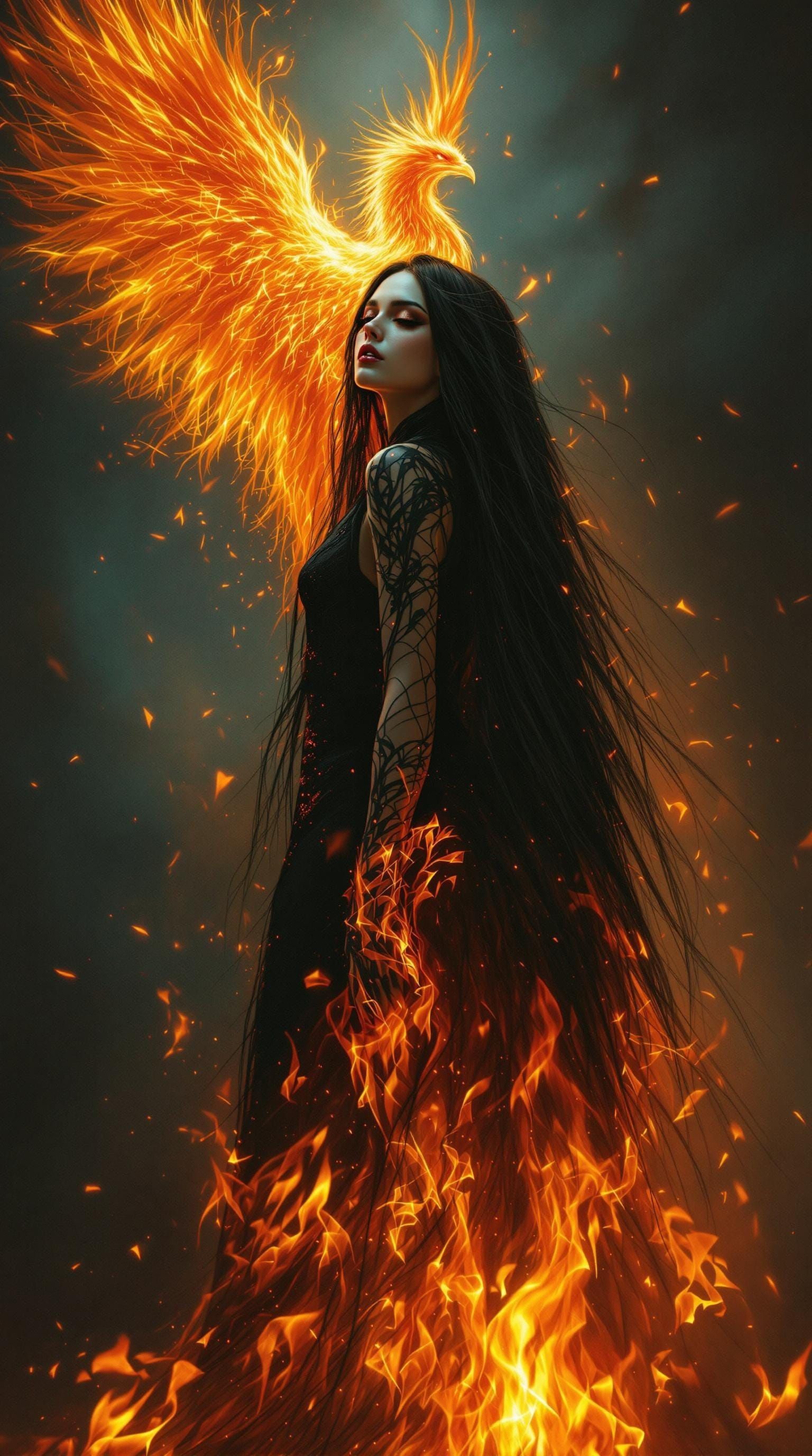 Gothic Beauty Embracing Inferno Flames with Phoenix Rising
