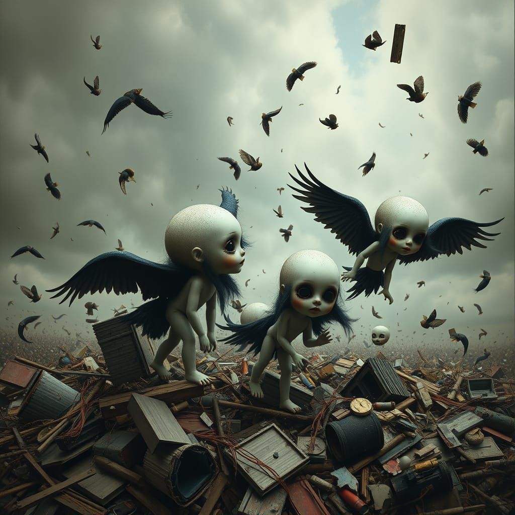 Surreal Flying Doll Heads with Wings and Tails in Trash Whir...