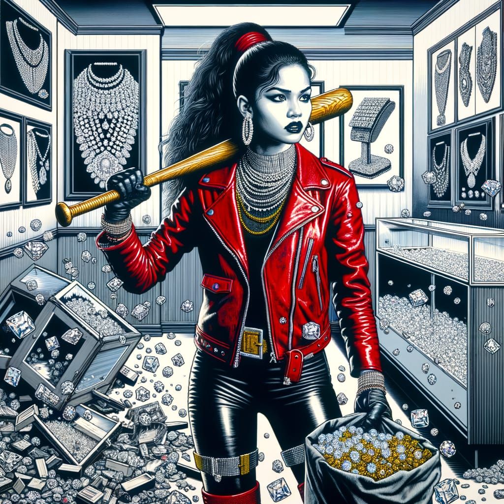 Pop Art Portrait of a Chic Thief in a Jewelry Store