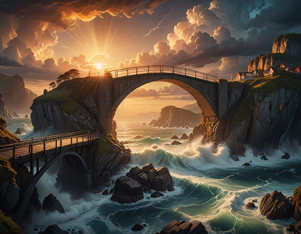 Surreal Golden Hour Bridge Over Turbulent Waters