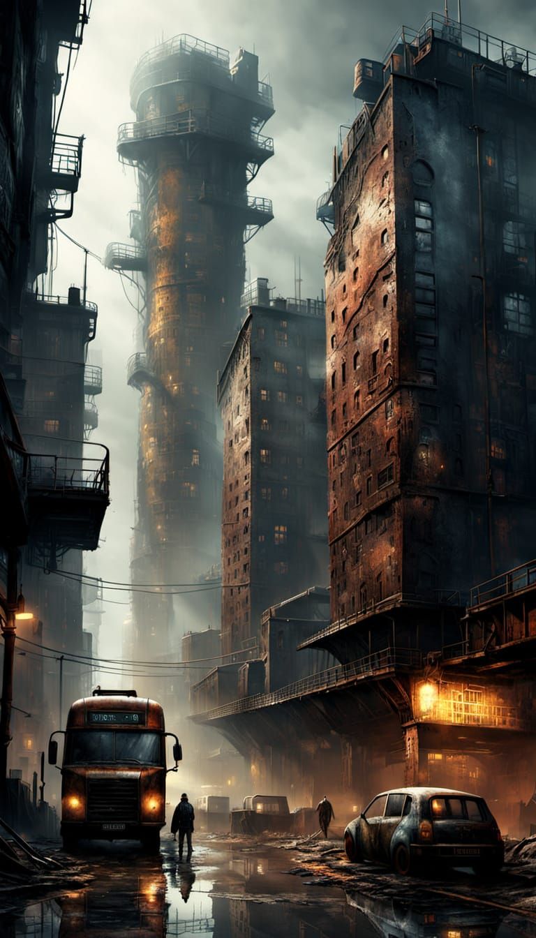 Dystopian Metal Metropolis in Gritty Digital Painting