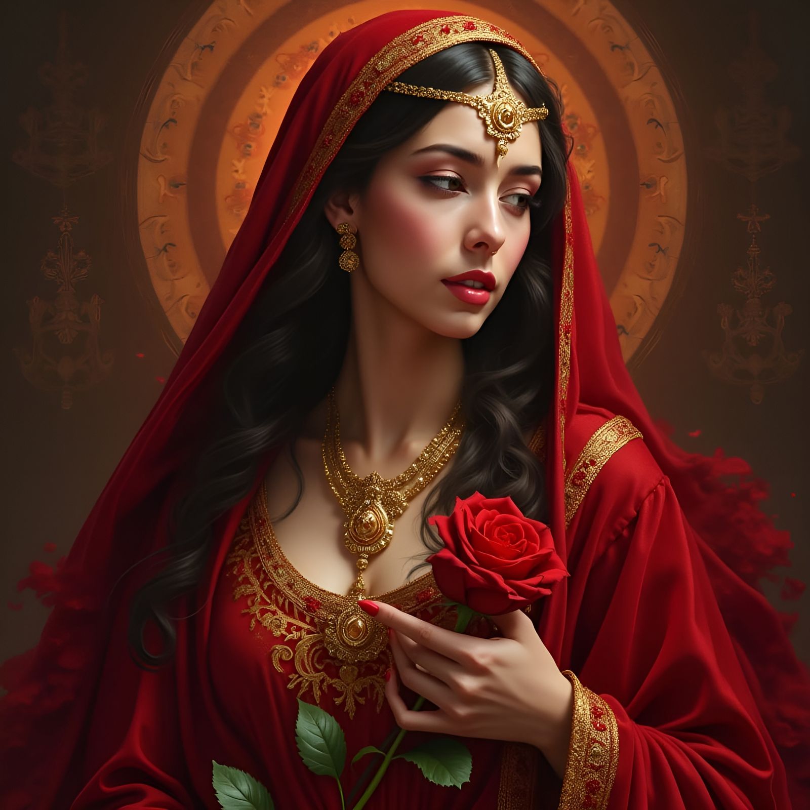 Mary Magdalen Portrait in Red Velvet and Gold