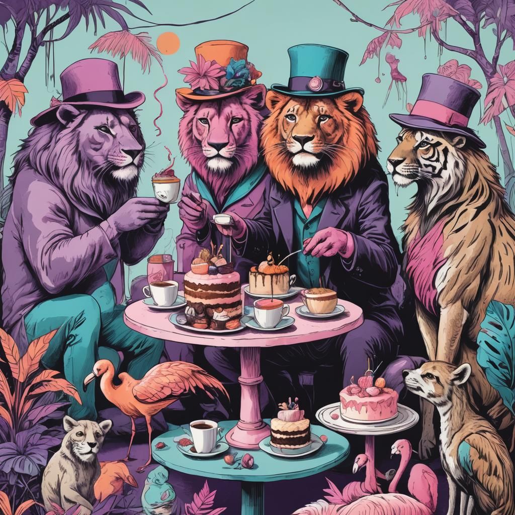 Duotone Animals Tea Party in Cafe