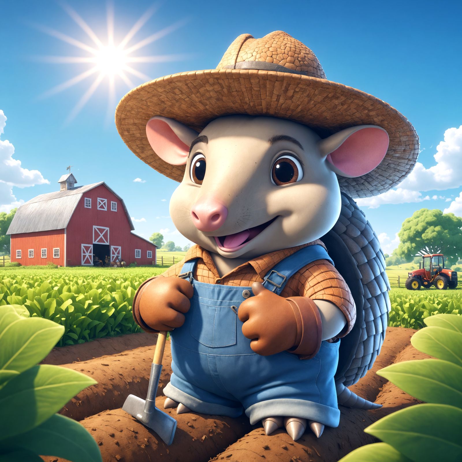 Cartoon Armadillo Farmer in Sunny Farm Scene