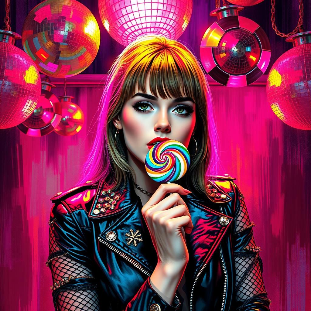 Woman with Lollipop in Surreal Disco Setting
